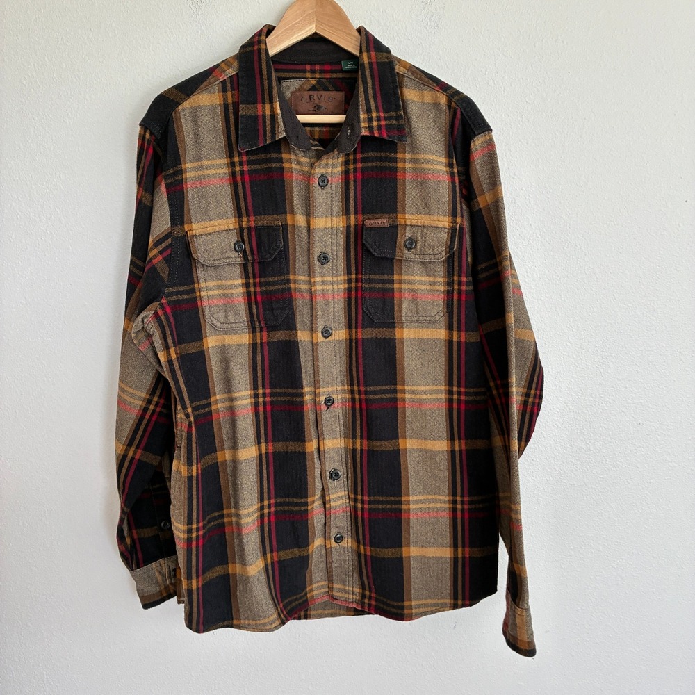 Orvis Flannel Shacket Men L Brown Plaid Herringbone Cotton Long Sleeve Button Up